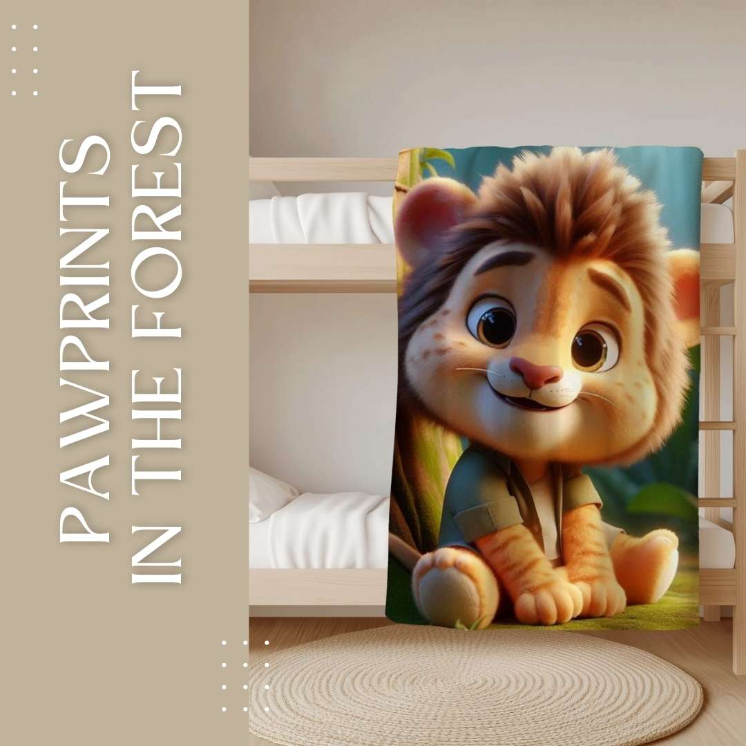 Pawprints in the Forest kids bedding set with baby lions in a lush green forest design – fleece blanket, cushion cover, and wallpaper mural.