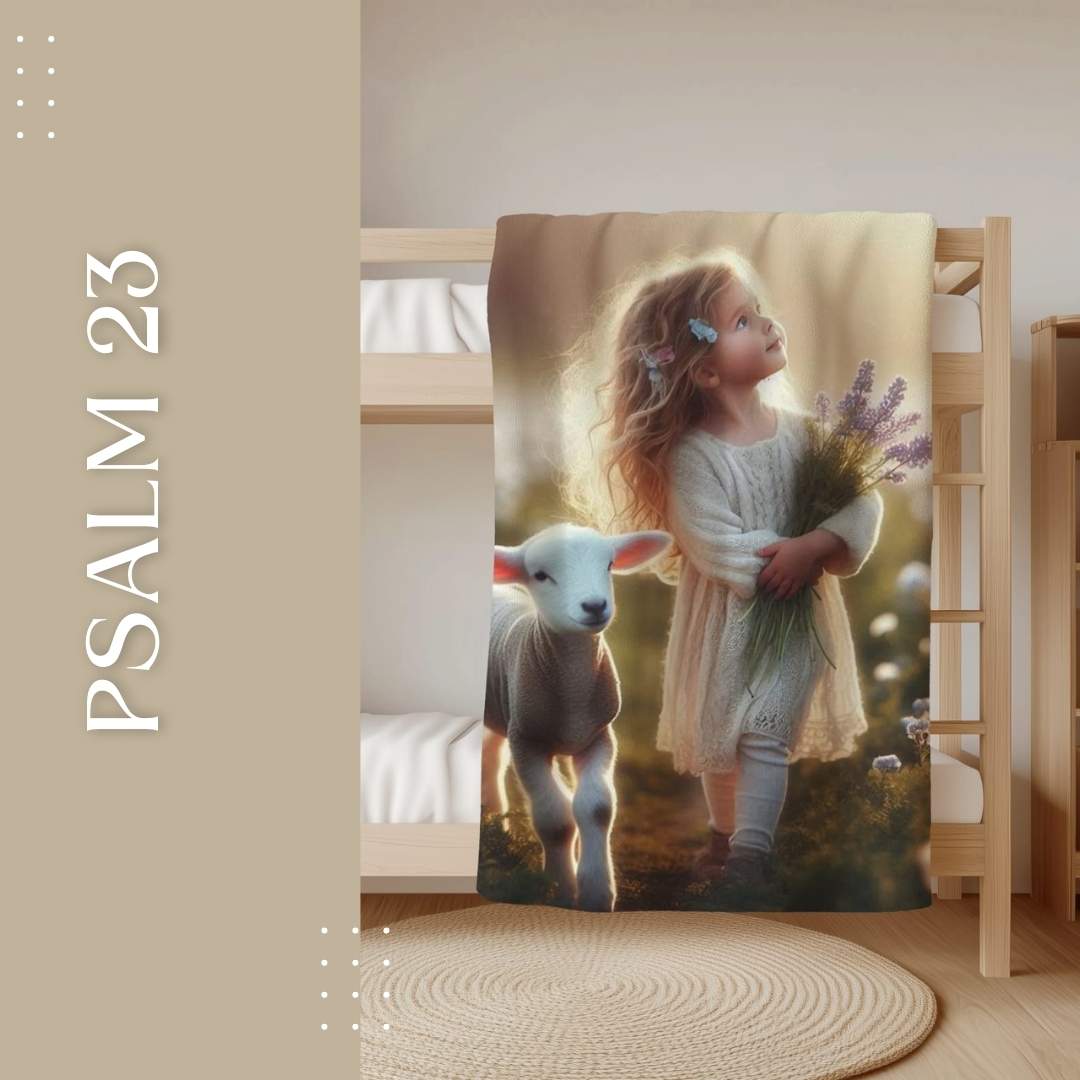 Psalm 23 childrens bedding with lambs in green fields and flowers, fleece blanket and cushion cover design.