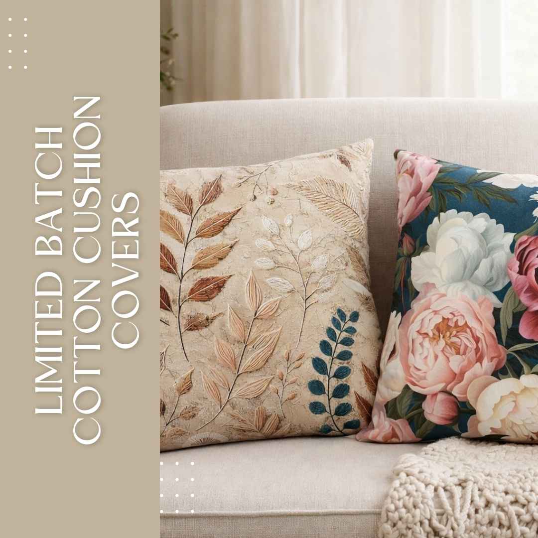 Cotton scatter cushion covers with floral and blue patterns styled on a neutral sofa, Lily Grace Design South Africa