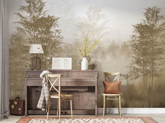 Foggy Forest Brown Tropical Trees wallpaper