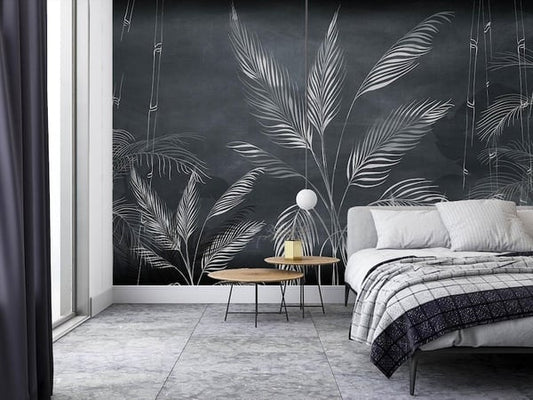 White Leaves on Dark Background wallpaper mural