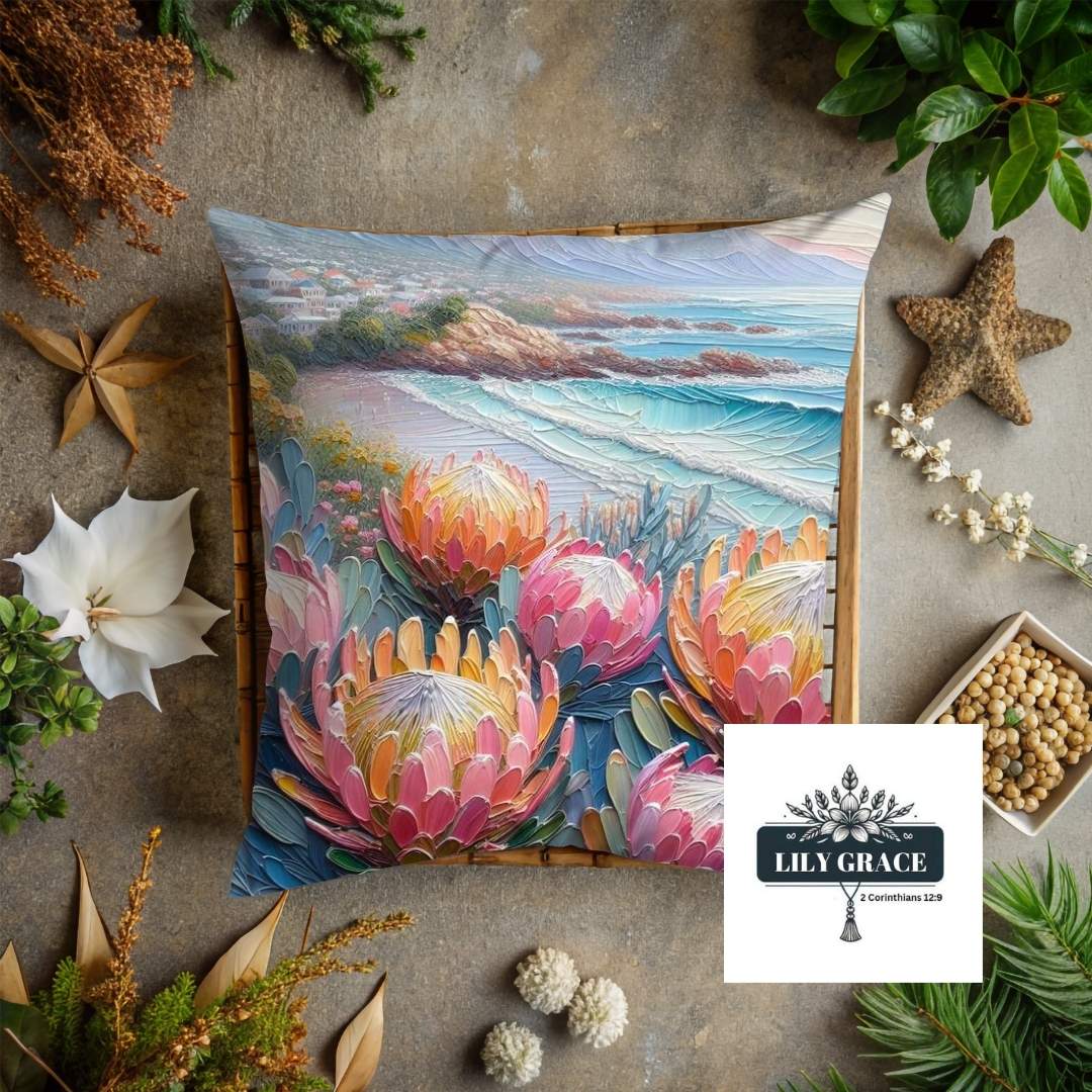 Protea and ocean painting scatter cushion cover 45 x 45cm
