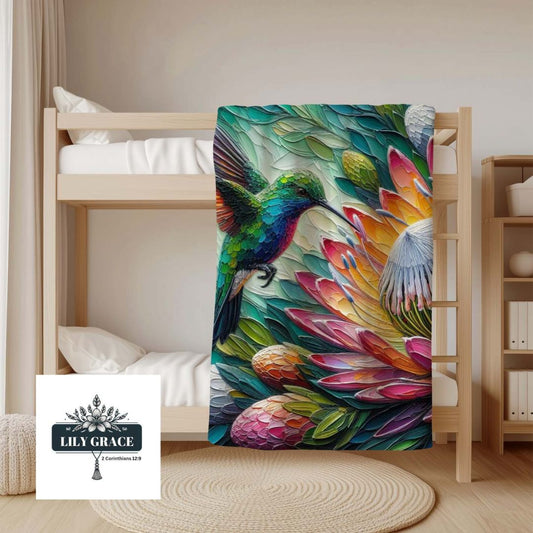 Songbird protea coral fleece blanket