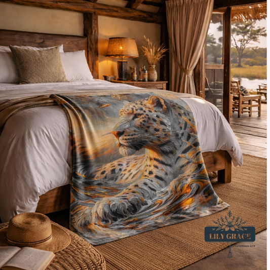 Bedroom with a leopard print blanket draped over a bed, animal print blanket 