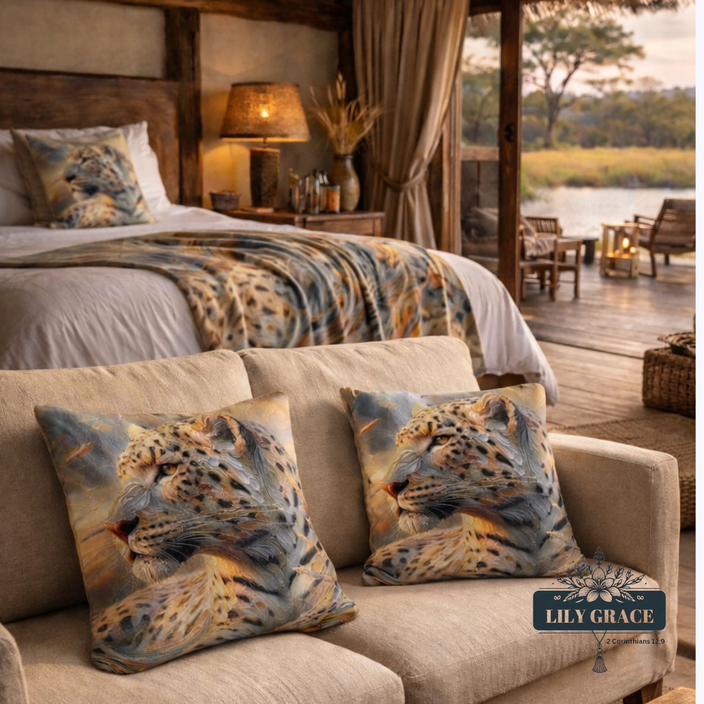 Cozy bedroom with leopard print cushion covers on a sofa . Leopard print fleece blanket 