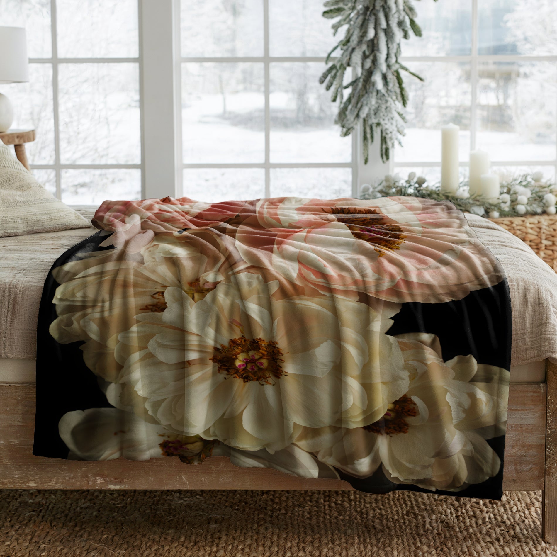 soft coral fleece blanket floral peonies dark background throw