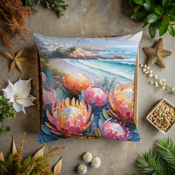 Cotton scatter cushion cover with exclusive protea and sea view print.
