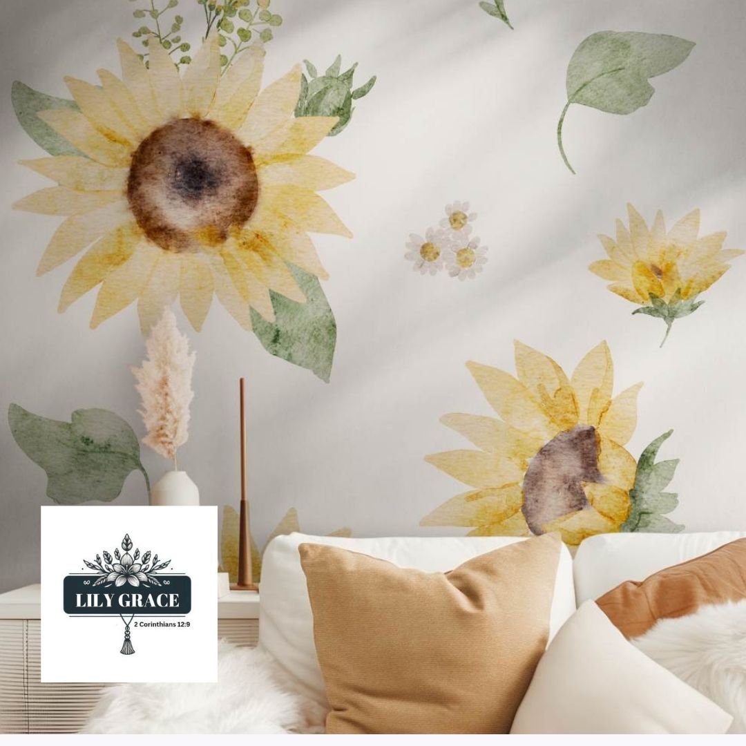Waterclour sunflower wallpaper statement wall
