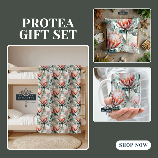 Protea gift set South Africa with fleece blanket, cushion cover, and matching coffee mug.