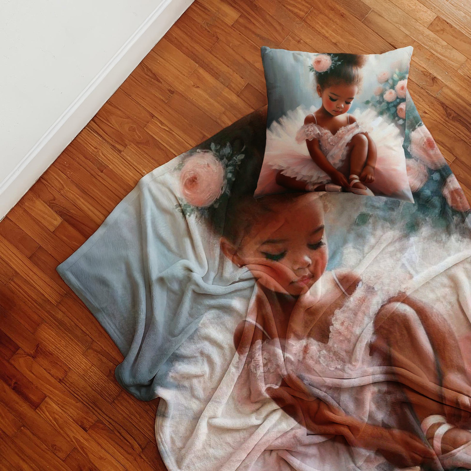 Dreamy ballerina girl fleece blanket with pastel flowers and soft printed finish