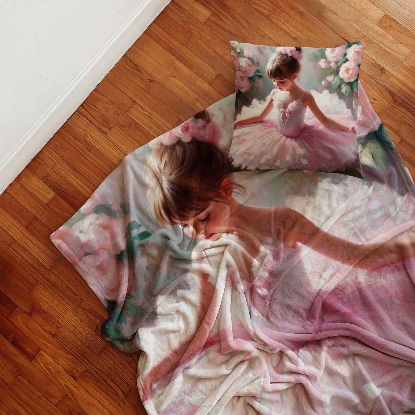 Petite Ballerina blanket for girls bedroom decor, shown on a white bed with delicate ballet-inspired artwork.