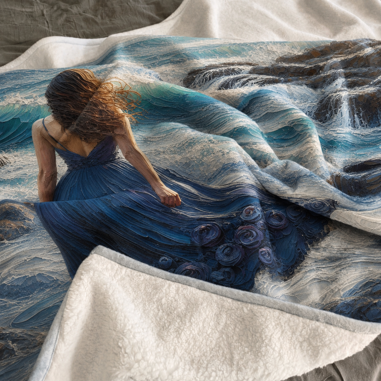 Custom printed coastal fleece blanket with woman in navy dress and ocean waves design