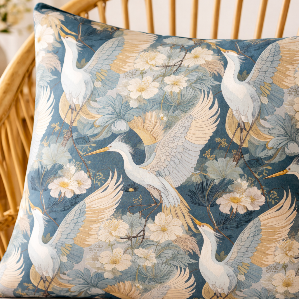 Close up heron botanical cushion cover blue and cream floral bird pattern cotton decorative pillow Lily Grace Design