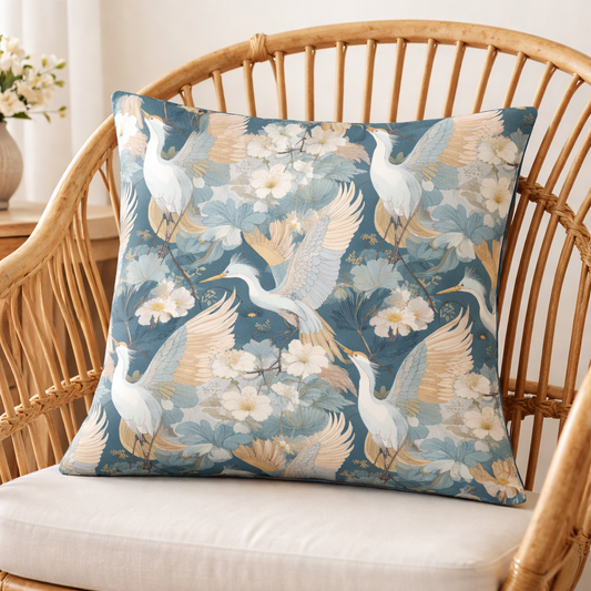Heron botanical cotton cushion cover 45x45 cm on rattan chair blue floral bird pattern decorative pillow Lily Grace Design
