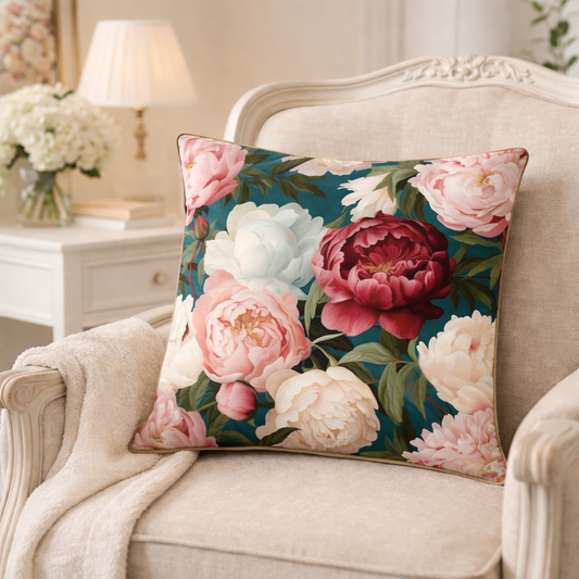 Peony Bliss cotton cushion cover with pink and ivory peony floral design on a deep teal background styled on a neutral armchair