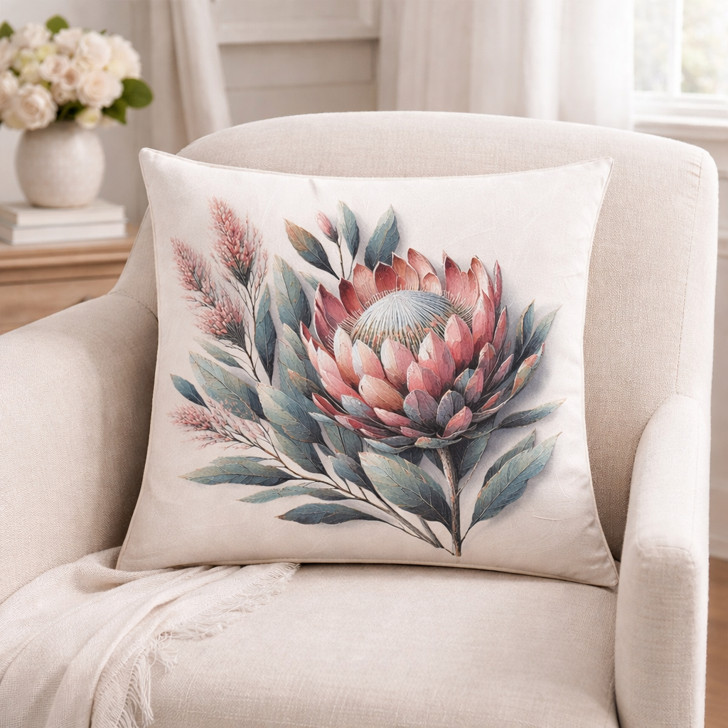 Water colour protea cotton cushion cover styled on a cream armchair