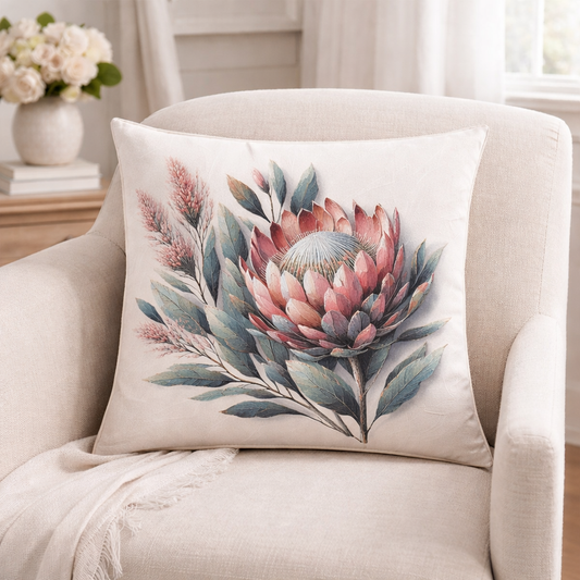 Water colour protea cotton cushion cover styled on a cream armchair