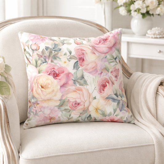 Watercolour rose cotton cushion cover by Lily Grace Design in soft pink floral print