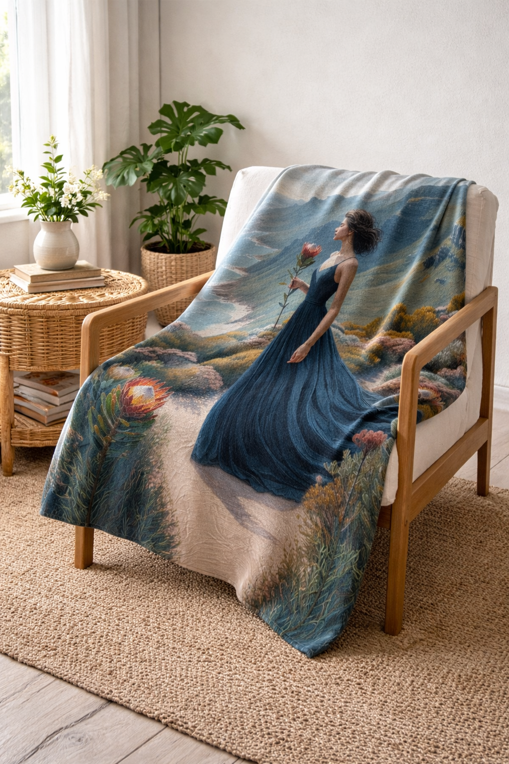 Soft fleece throw blanket South Africa protea coastal art design for bed or lounge