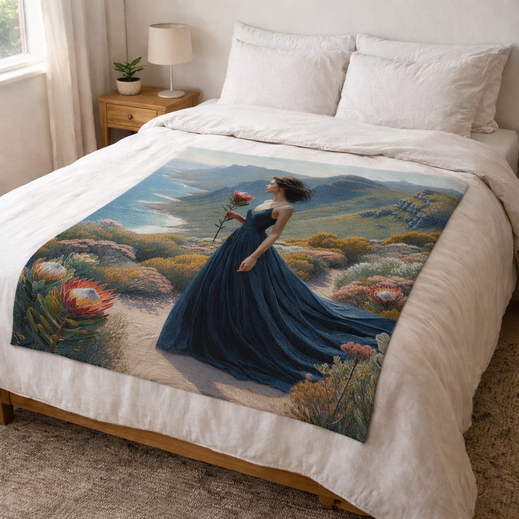 South African protea fleece throw blanket inspired by Hermanus coastline