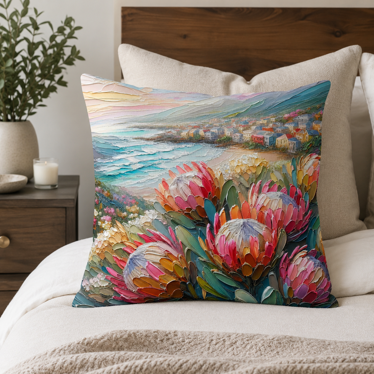 Coastal protea cotton scatter cushion cover with colourful South African seaside village and ocean design