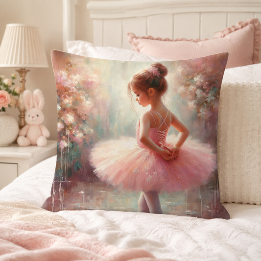 Ballerina cotton scatter cushion cover with soft pastel pink tutu artwork for a little girl’s bedroom by Lily Grace Design South Africa