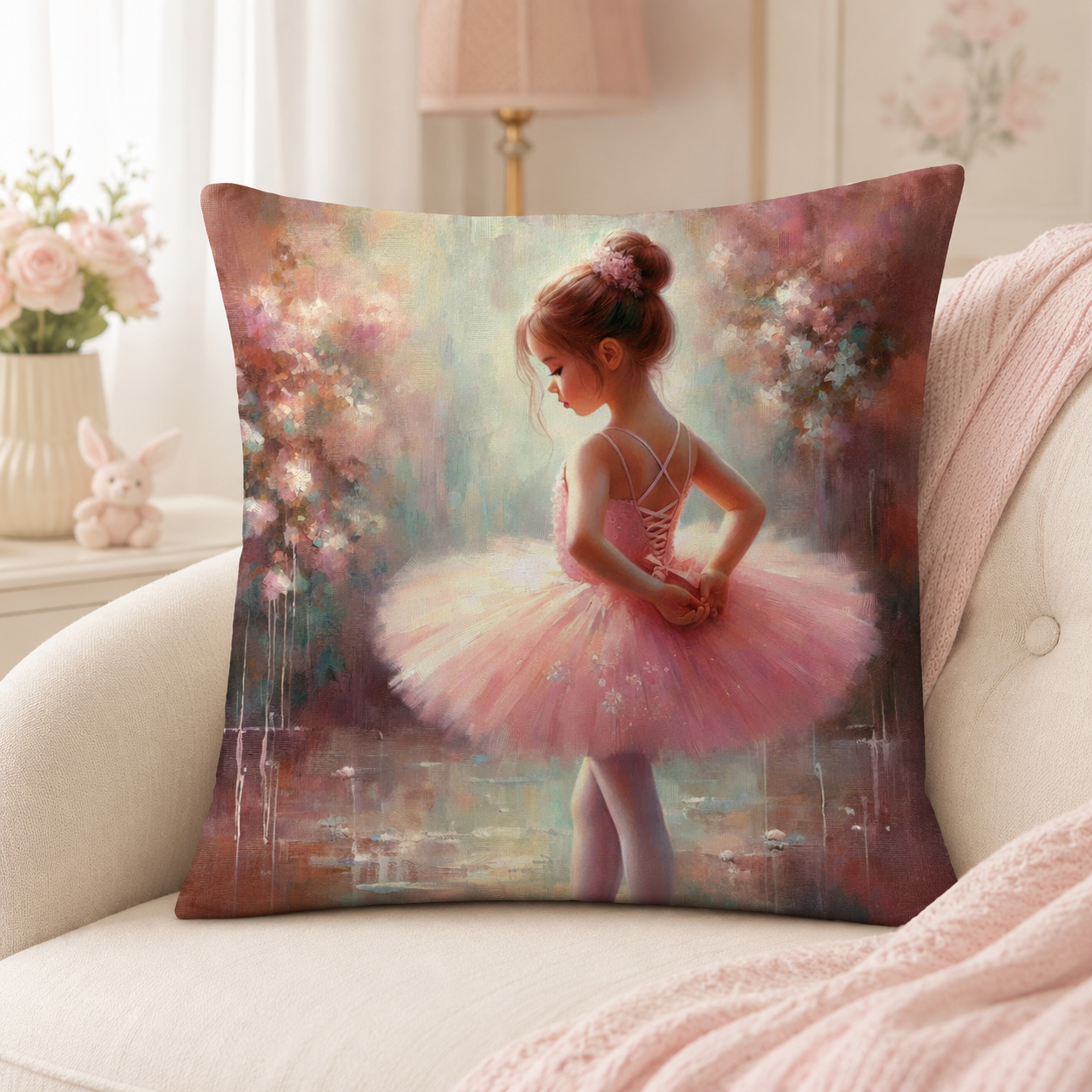Matching ballet girl cotton scatter cushion cover with dreamy floral pastel design styled for a child’s bedroom or nursery