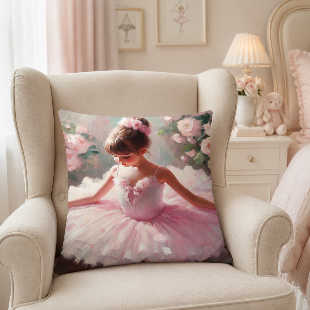 Petite Ballerina square cotton scatter cushion cover on a cream wingback chair in a soft pink girls bedroom, featuring delicate ballerina artwork