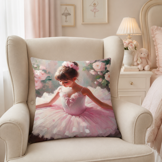 Petite Ballerina square cotton scatter cushion cover on a cream wingback chair in a soft pink girls bedroom, featuring delicate ballerina artwork