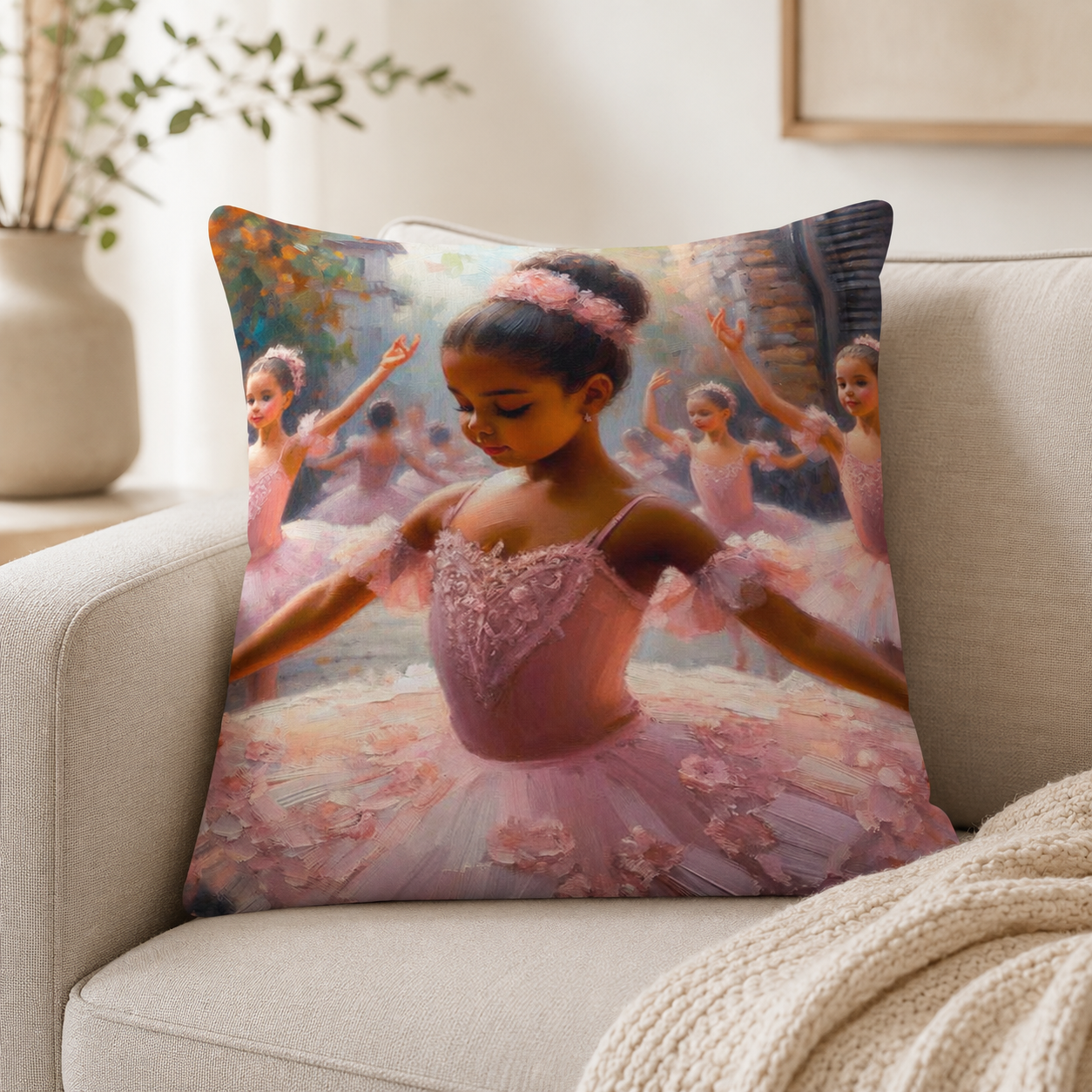 Ballet Princess cotton scatter cushion on a neutral couch, featuring a pink ballerina design for a little girl’s bedroom or ballet-themed home decor in South Africa.