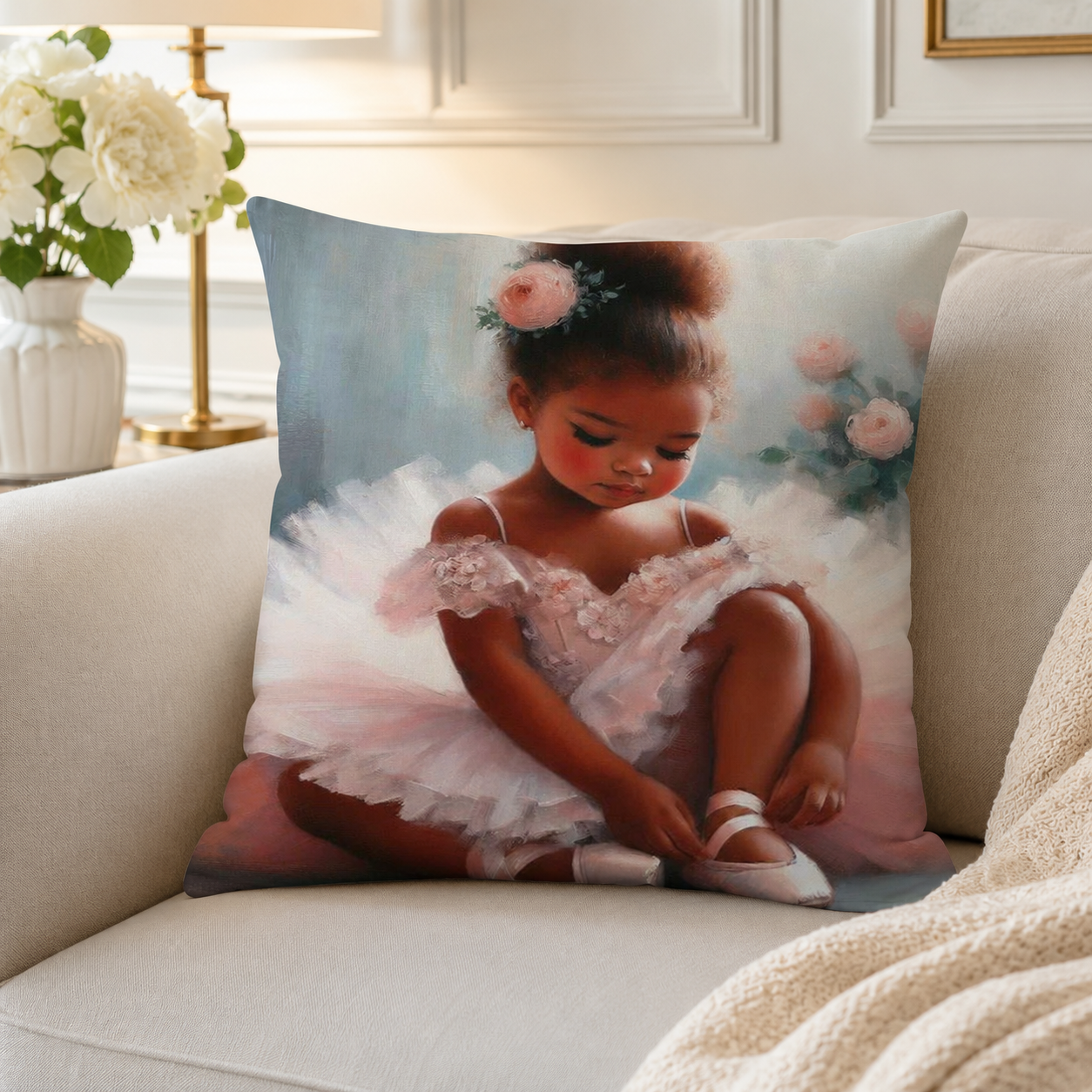 Ballerina cotton scatter cushion cover styled on a neutral sofa, featuring a soft pink ballet design for girls’ bedroom decor in South Africa.
