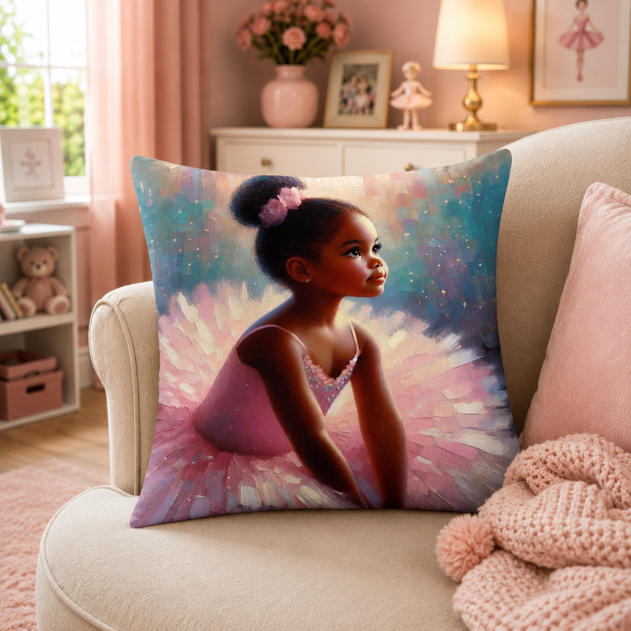 Ballet Princess lightweight fleece blanket styled on a white bed, featuring a soft pink ballerina design for girls’ bedroom decor in South Africa.