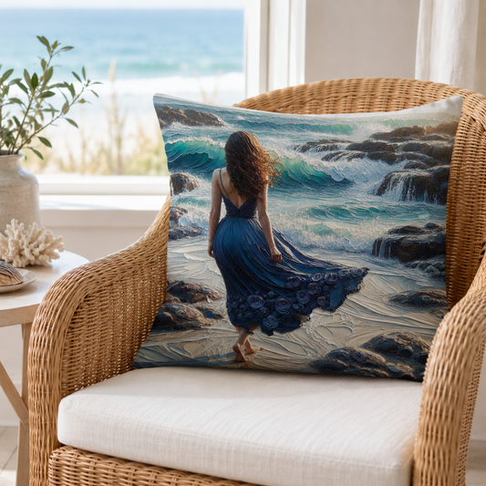 Blue Ocean Muse 100% cotton scatter cushion cover with ocean artwork by Lily Grace Design.
