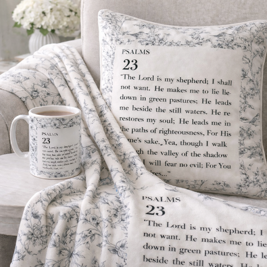 Psalm 23 Christian gift set including fleece blanket cushion cover and mug. Christian gifts