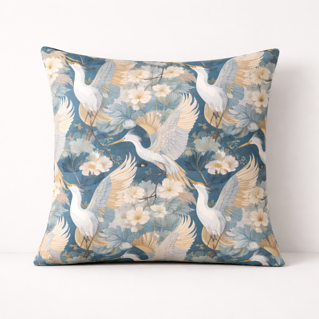 Heron floral cushion cover 45x45 cm blue botanical bird decorative pillow on neutral sofa Lily Grace Design