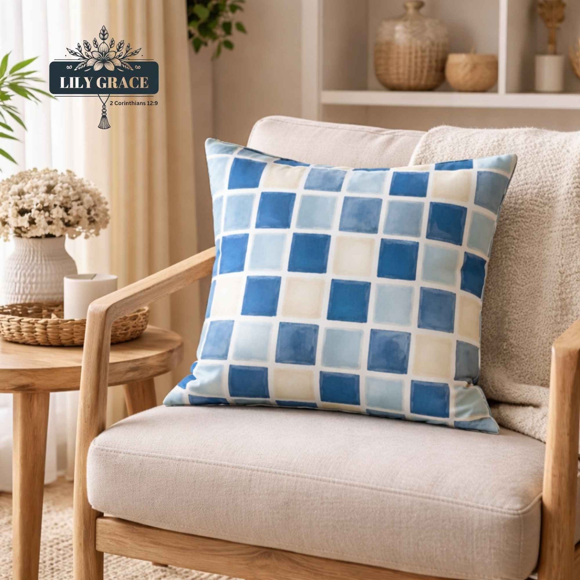 Blue and white cotton scatter cushion cover with grid pattern styled on a wooden chair