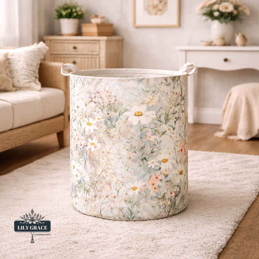 Botanical floral recycled felt laundry basket with strong handles, styled in a neutral bedroom interior
