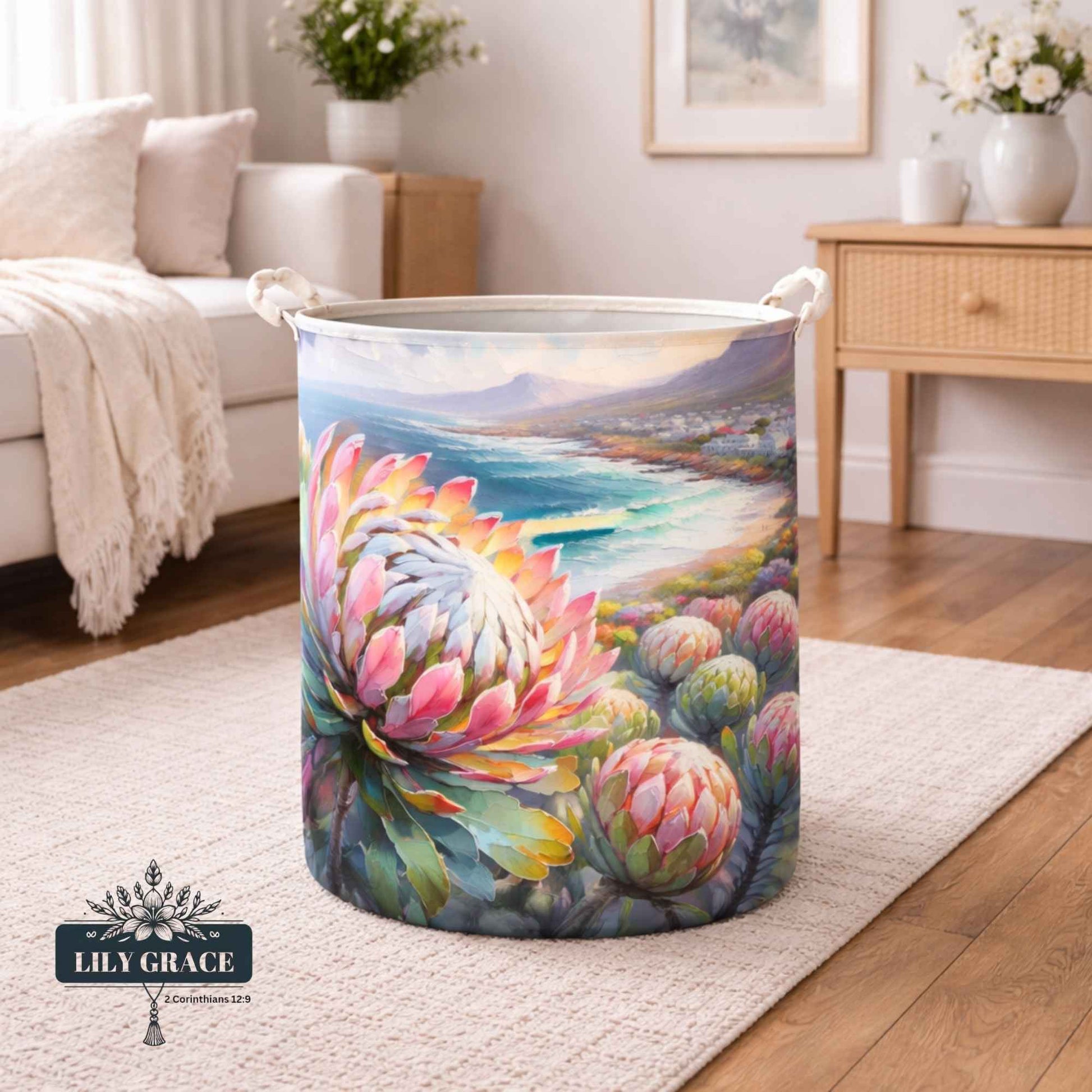 Recycled felt laundry basket set with protea artwork, strong handles, and foldable design, styled in a modern living room for everyday family use.
