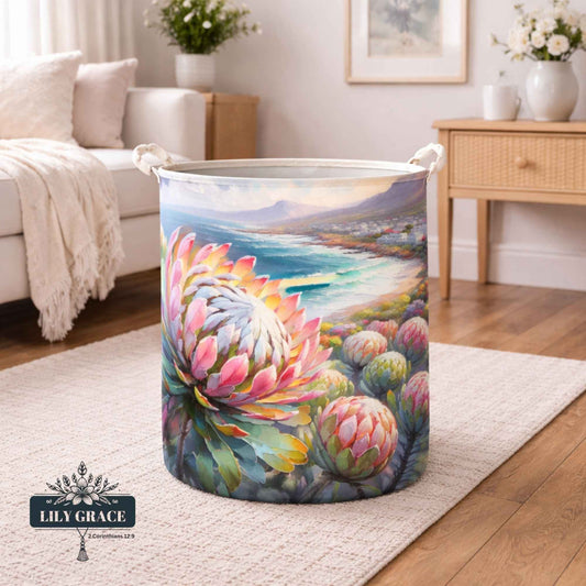 Recycled felt laundry basket set with protea artwork, strong handles, and foldable design, styled in a modern living room for everyday family use.
