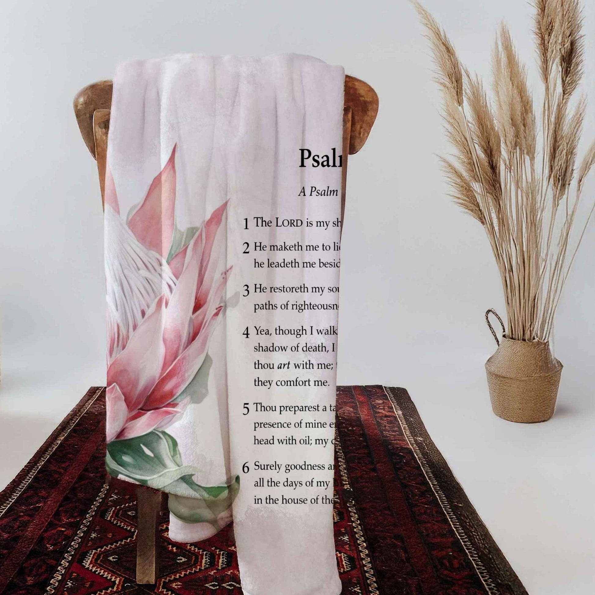 Psalm 23 Scripture blanket with pink protea floral design