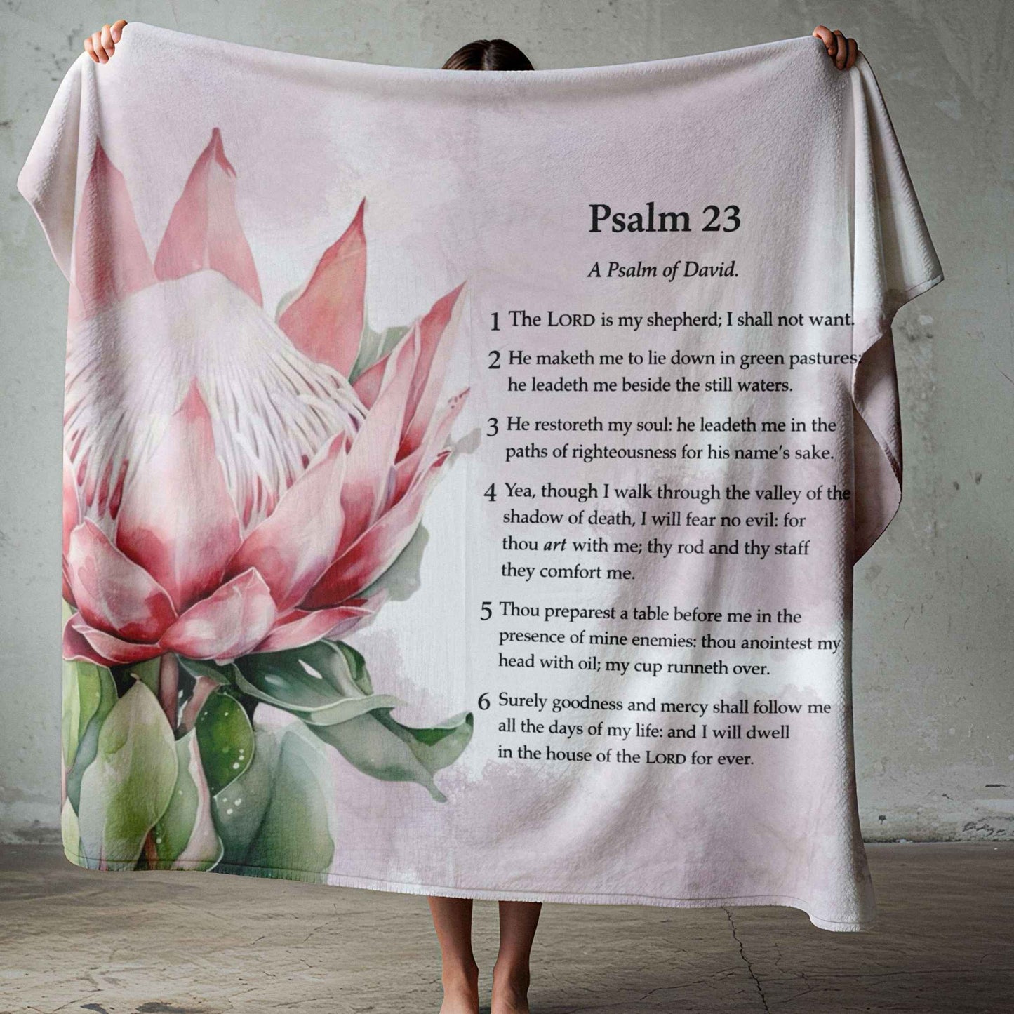 Pink protea Psalm 23 Christian fleece throw blanket
