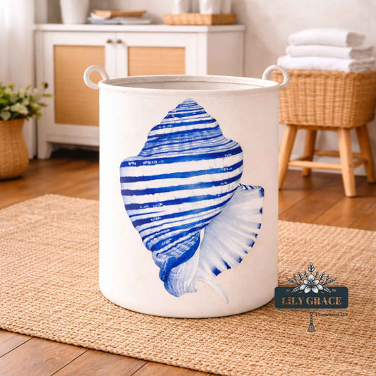 Recycled felt laundry basket with blue seashell design and rope handles