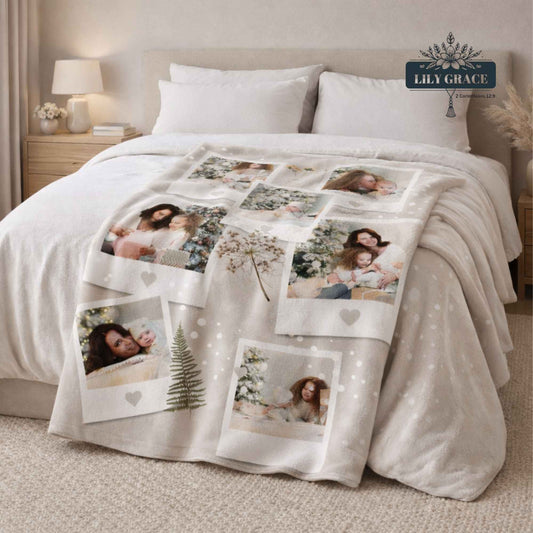 Photo blanket and memory blanket displayed on a bed, showing a custom blanket design with family photos, styled in a cozy bedroom setting in South Africa