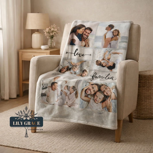 A soft coral fleece Photo Blanket with a collage of family pictures hanging neatly over a bunk bed in a cosy neutral bedroom.
