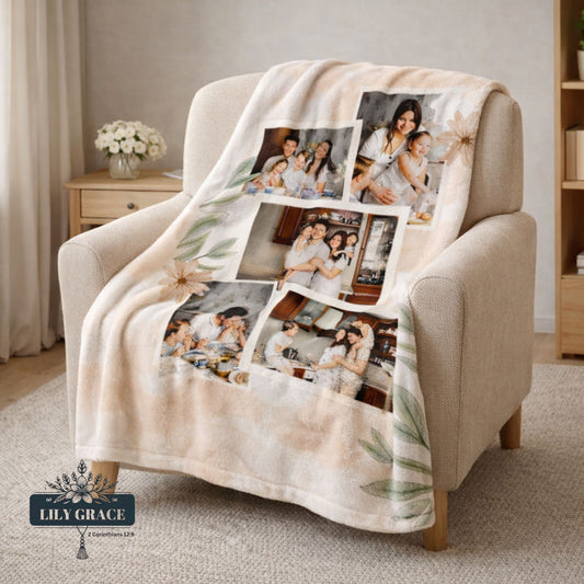 A warm photo blanket displayed in a calm, modern bedroom, showing clear custom images and soft botanical details. This personalised blanket is ideal for anyone looking for high quality custom photo blankets South Africa.