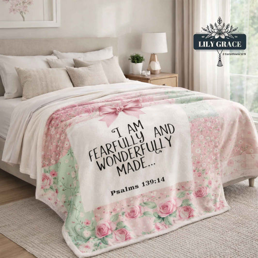 Christianbedding fleece blanket with soft pink floral design and inspirational Scripture, ideal as a thoughtful christianartgift and beautifully designed in South Africa.