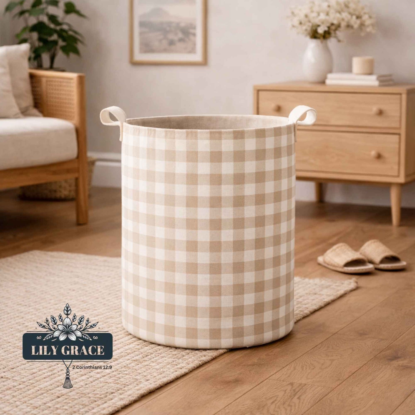 Recycled felt laundry basket set with check pattern, foldable design, and strong handles for everyday family use