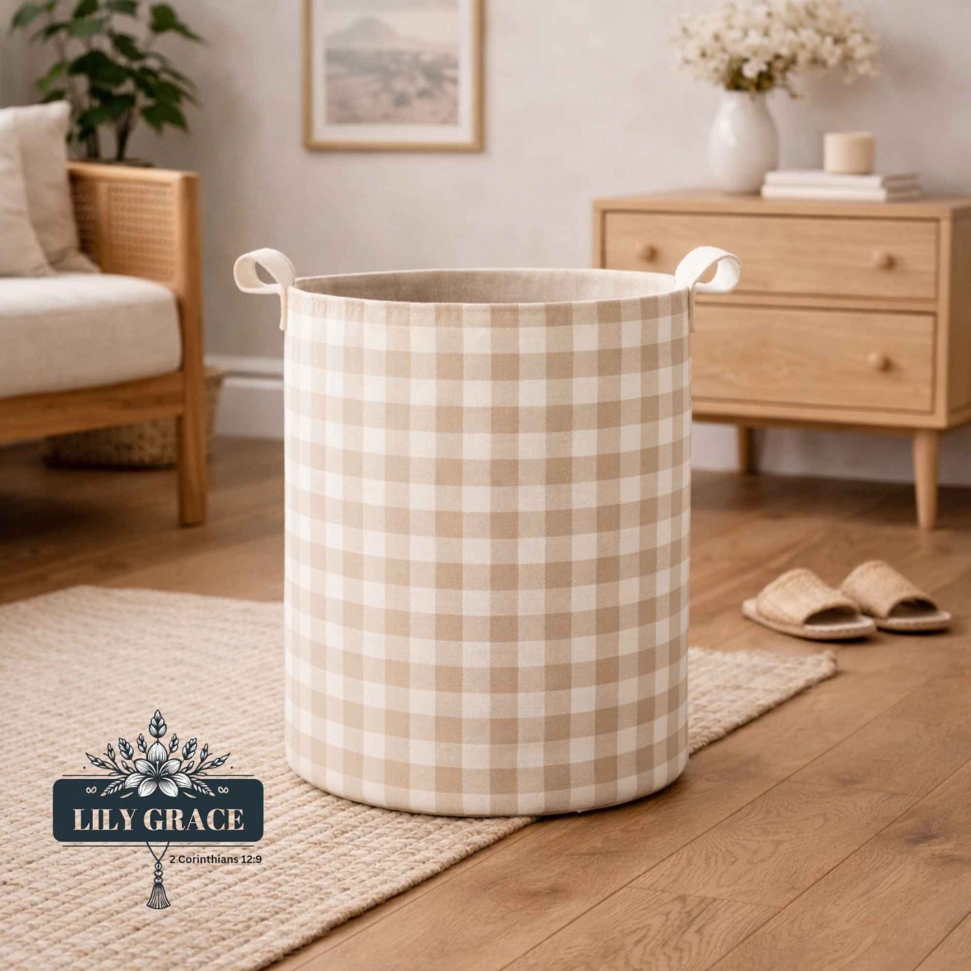 Recycled felt laundry basket set with check pattern, foldable design, and strong handles for everyday family use