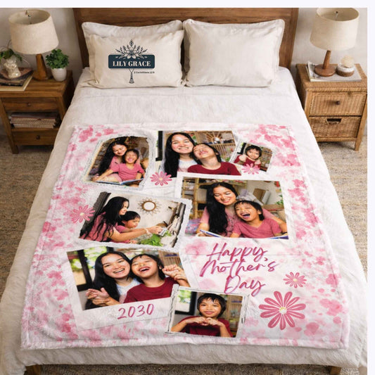Personalised memory blanket with clear printed photo on soft  fleece.  Pink blanket 