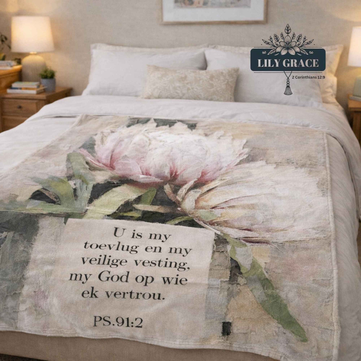 Faith blanket featuring soft pink protea and Afrikaans Psalm 91:2